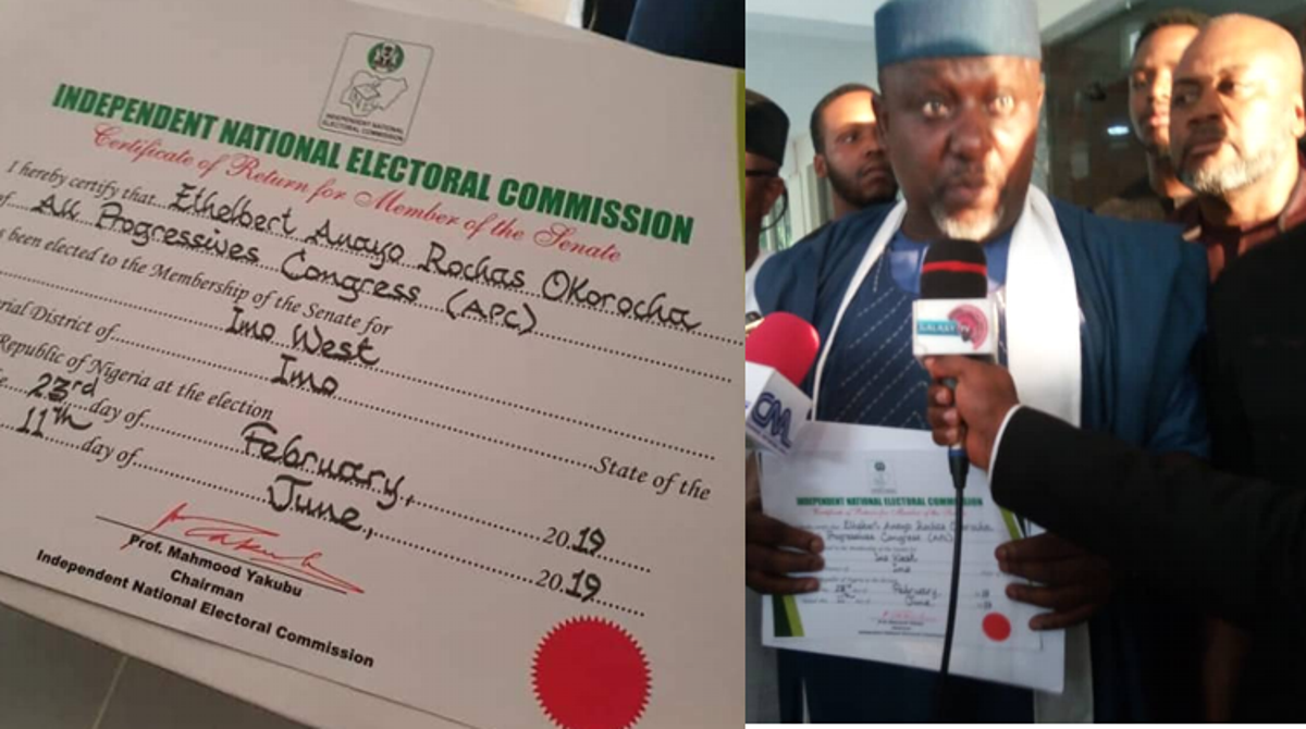 Image result for images of Okorocha Finally Receives His Certificate Of Return From INEC