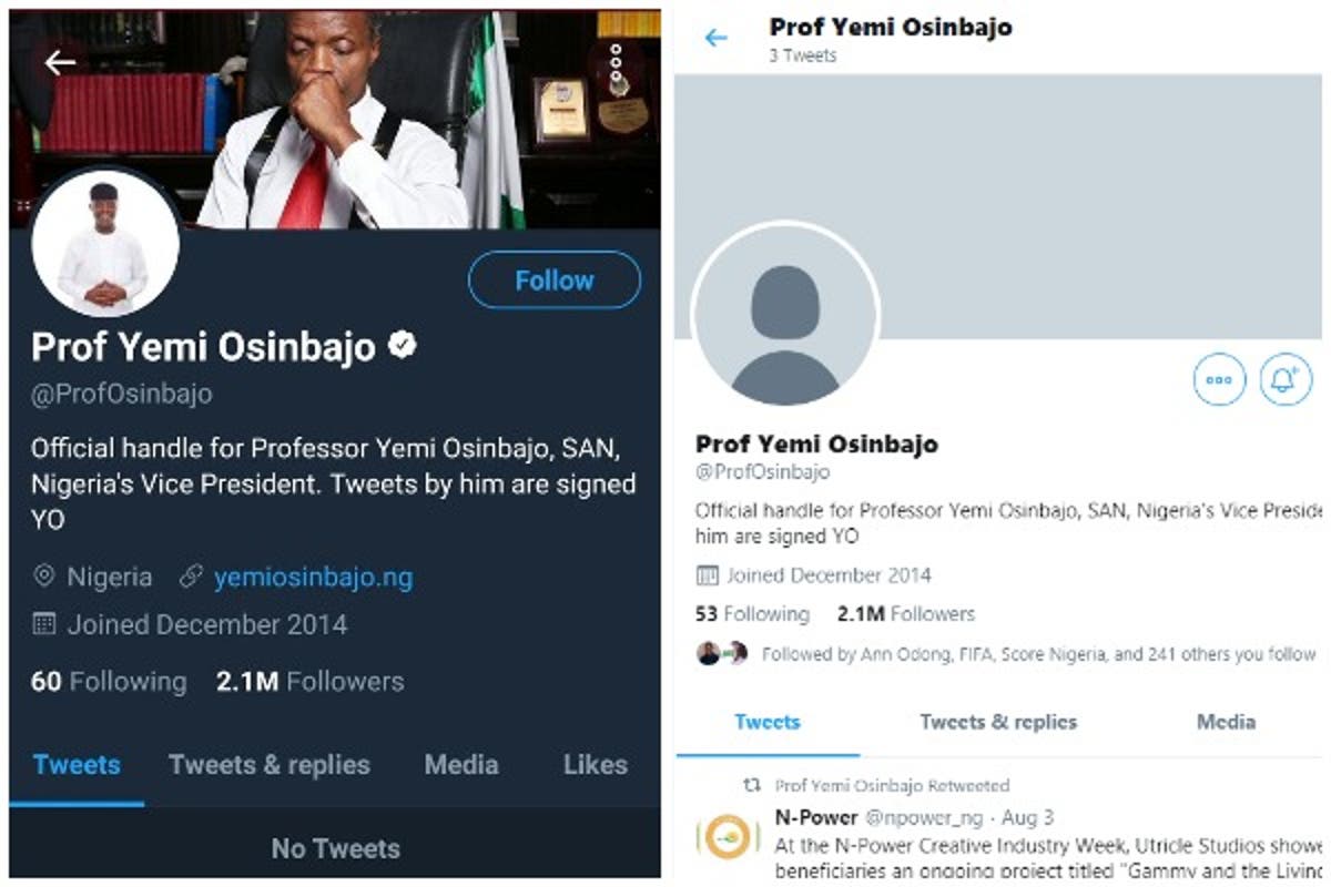 Image result for images of Yemi Osinbajo's Twitter account was unverified